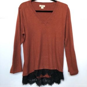 Style & Co XL knit v-neck top with black lace around hemline. From Macy’s
